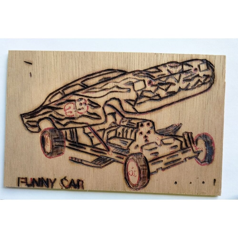 Woodburning Funny Car Dragster Sample Vintage American Toy CO Rustic